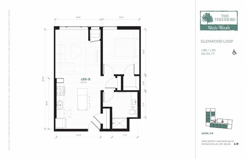 Floor plan for 1 bed, 1 bath, 621 sqft